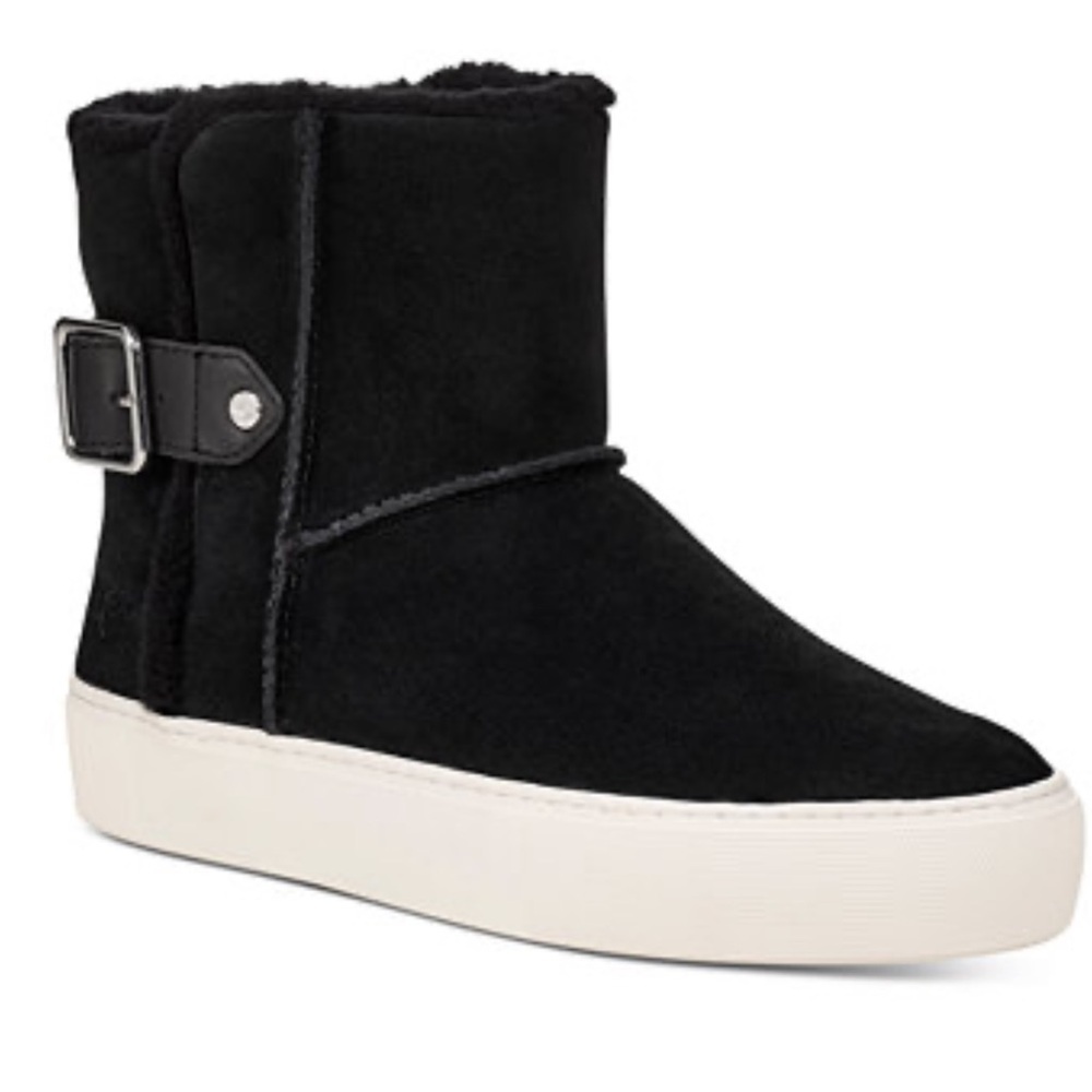 UGG Aika Black Soft Suede Leather Booties 8.5 UGGpure Wool Lining Winter Boots